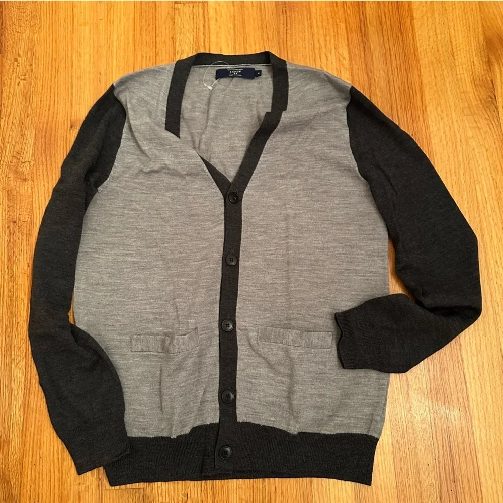 J.Crew Men's Cardigan Sweater Gray  Knit 100% Merino Wool Long Sleeve Small (#1)